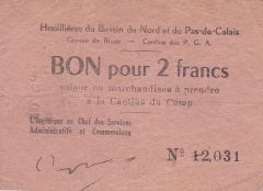 Houillères du Bassin du Nord et du Pas-de-Calais, Bruay, Bon pour 2 Francs RARE