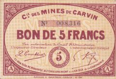 Compagnie des Mines de Carvin, Bon de 5 Francs