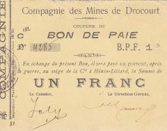 Compagnie des Mines de Drocourt, Bon de Paie de un Franc