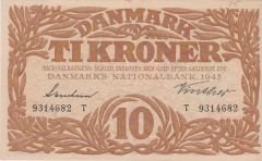 Danemark, Ti kroner 10 Kroner 1943 T, Superbe, Pick 31
