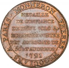 Monneron, 2 Sols à la liberté 1791, Birmingham Soho, Superbe, Maz.153